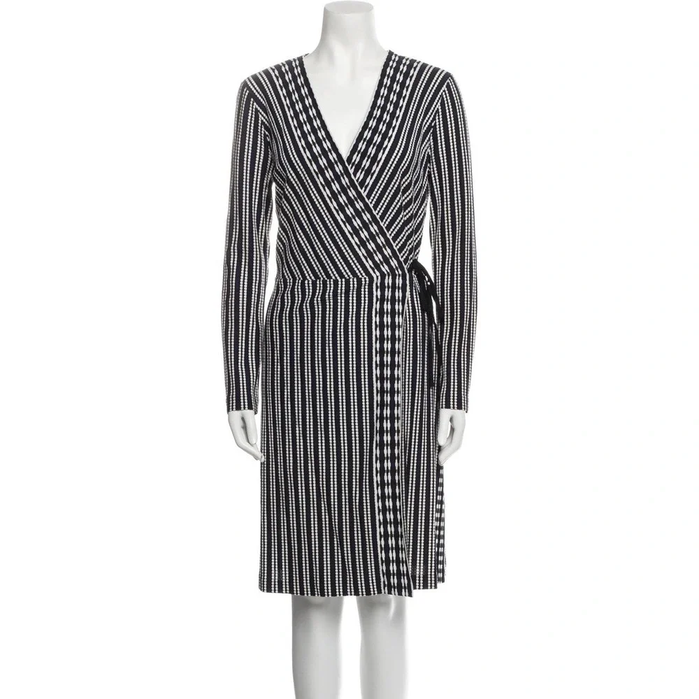 Tory Burch Dress Navy Oxford Stripe Jacquard Wrap Classic Workwear Luxury Size M